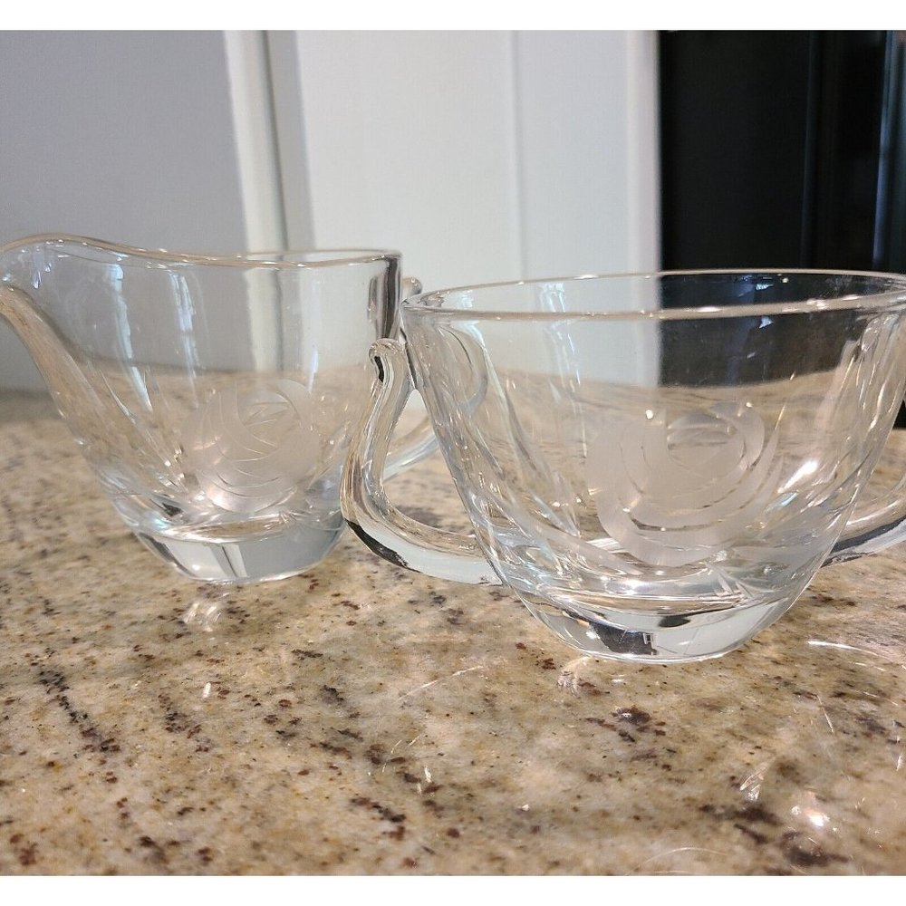 Vintage Fostoria Creamer & Sugar Bowl w/ Rose Etching #827